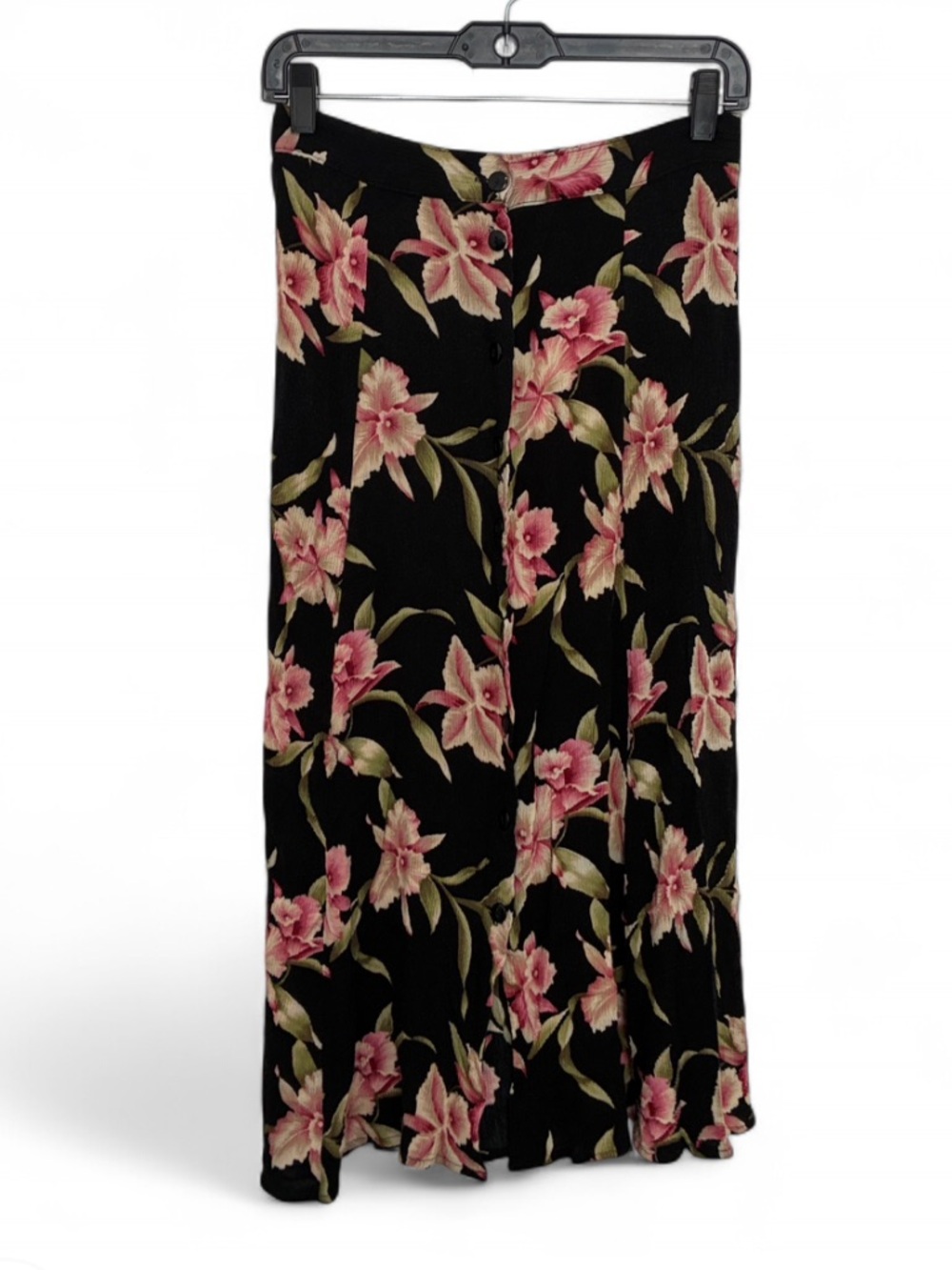 Vintage California Krush Floral Button Down Skirt in Black with Pink Flowers